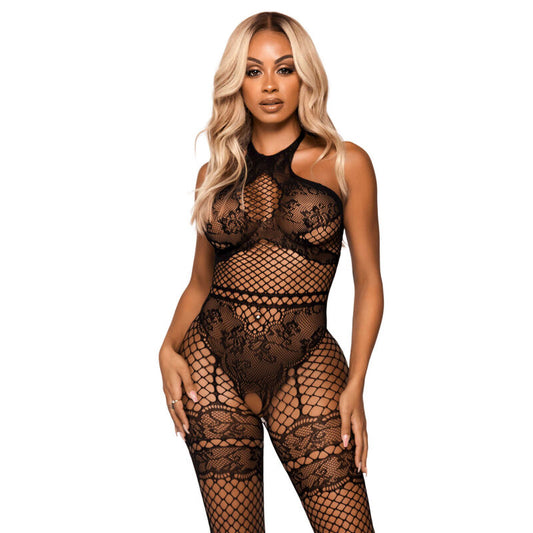 LEG AVENUE - BODYSTOCKING DE RED CON HALTER TALLA ÚNICA - NEGRO