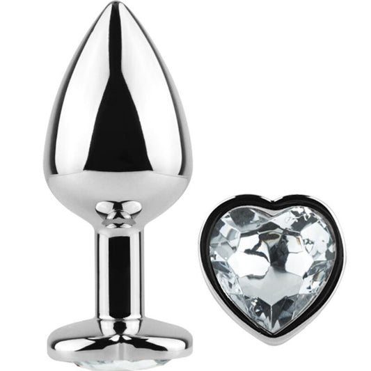 SECRETPLAY - PLUG ANAL DE METAL CORAZÓN DE CRISTAL TRANSPARENTE TAMAÑO PEQUEÑO 7 CM