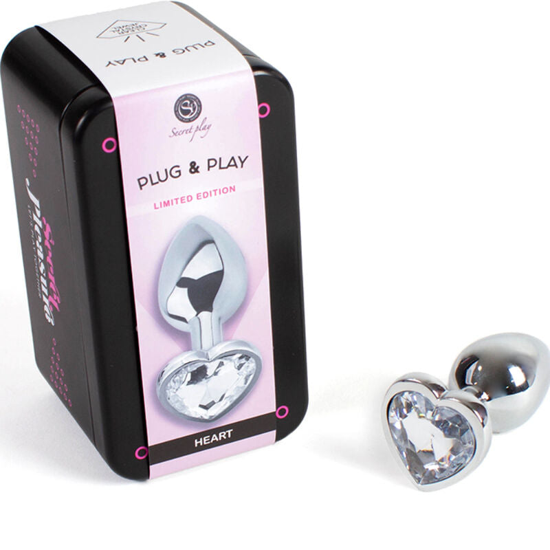 SECRETPLAY - PLUG ANAL DE METAL CORAZÓN DE CRISTAL TRANSPARENTE TAMAÑO PEQUEÑO 7 CM