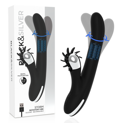 VIBRADOR ROTANTE BUNNY STORM DE NEGRO Y PLATA