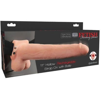 SERIE FETISH FANTASY - ARNÉS AJUSTABLE PENE REALISTA CON BOLAS RECARGABLE Y VIBRADOR 28 CM