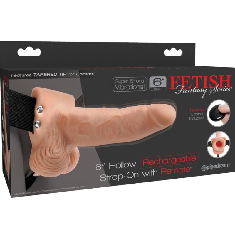 SERIE FETISH FANTASY - ARNÉS AJUSTABLE CONTROL REMOTO PENE REALISTA CON TESTICULOS RECARGABLES Y VIBRADOR 15 CM