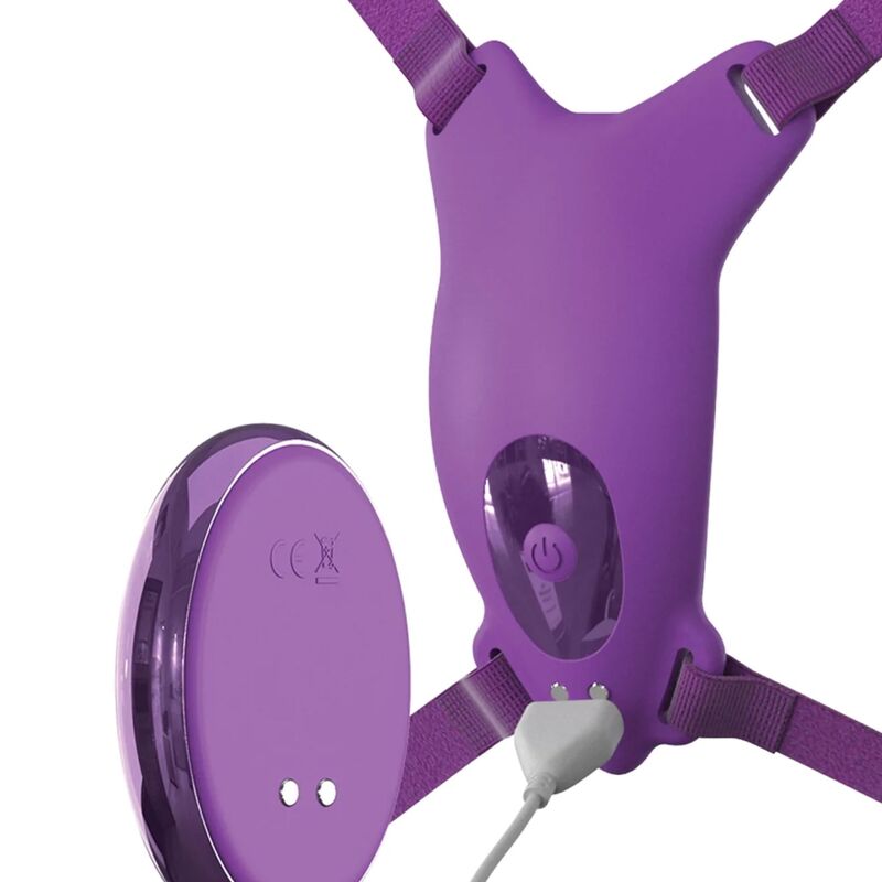 FANTASÍA PARA ELLA - ARNÉS MARIPOSA, VIBRADOR, RECARGABLE Y CONTROL REMOTO MORADO