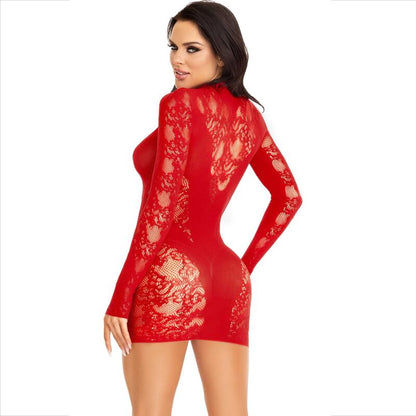 LEG AVENUE - MINI VESTIDO CON ENCAJE MANGA LARGA ROJO