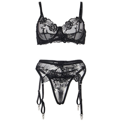 SUBBLIME - SET DE 3 PIEZAS SUJETADOR + TANGA + LIGA ESTAMPADO FLORAL NEGRO S/M