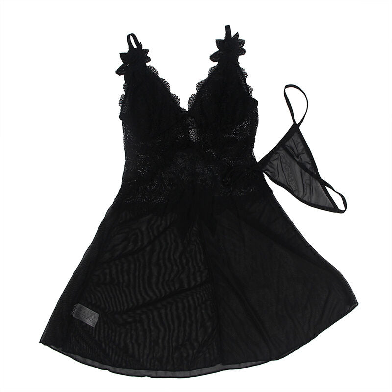 SUBBLIME - BABYDOLL TELA DE TUL CON ENCAJE Y DETALLE DE FLORES NEGRO S/M