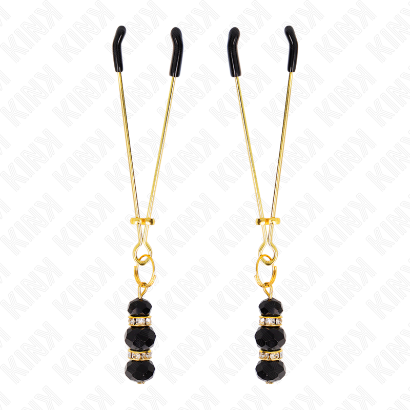 KINK - PINZAS PARA PEZONES FINAS DORADAS CON 3 PERLAS DE CRISTAL NEGRAS DE 7 CM