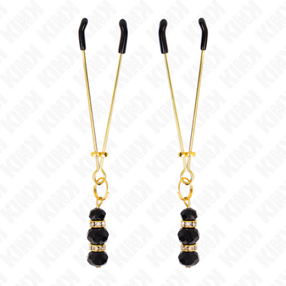 KINK - PINZAS PARA PEZONES FINAS DORADAS CON 3 PERLAS DE CRISTAL NEGRAS DE 7 CM