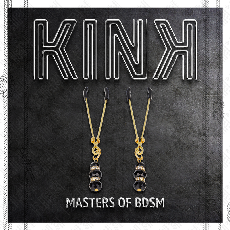 KINK - PINZAS PARA PEZONES FINAS DORADAS CON 3 PERLAS DE CRISTAL NEGRAS DE 7 CM