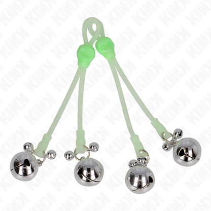 KINK - PINZAS PARA PEZONES CON CALAVERA LUMINOSA Y CAMPANILLAS AJUSTABLES VERDE/PLATA