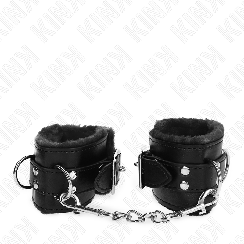 KINK - SUJETADORES DE MUÑECAS CON FORRO DE PIEL NEGRO Y CINTURÓN NEGRO AJUSTABLE 17-29 CM X 6 CM