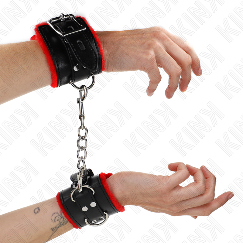 KINK - FUR LINED WRIST RESTRAINTS WITH SQUARE HOLES RED AND BLACK BELT ADJUSTABLE 17-29 CM X 6 CM