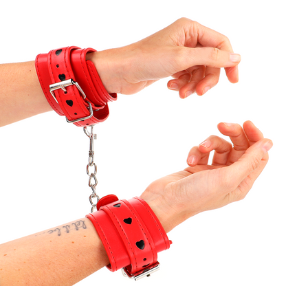 KINK - RED WRIST RESTRAINTS WITH BLACK HEART INLAY ADJUSTABLE 21-28 CM X 5.5 CM