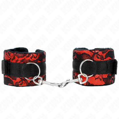 KINK - SUJETADORES DE MUÑECAS DE ENCAJE DE TERCIOPELO CORTO Y ATADURA DE NYLON ROJO/NEGRO 23 X 6,5 CM