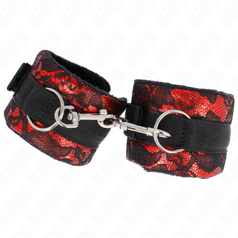 KINK - SUJETADORES DE MUÑECAS DE ENCAJE DE TERCIOPELO CORTO Y ATADURA DE NYLON ROJO/NEGRO 23 X 6,5 CM