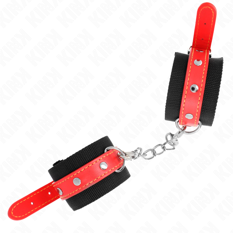 KINK - SUJETADORES DE MUÑECAS DE NYLON NEGRO CON CUERO SINTÉTICO ROJO AJUSTABLES 19-24 CM X 5,5 CM