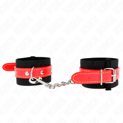 KINK - SUJETADORES DE MUÑECAS DE NYLON NEGRO CON CUERO SINTÉTICO ROJO AJUSTABLES 19-24 CM X 5,5 CM