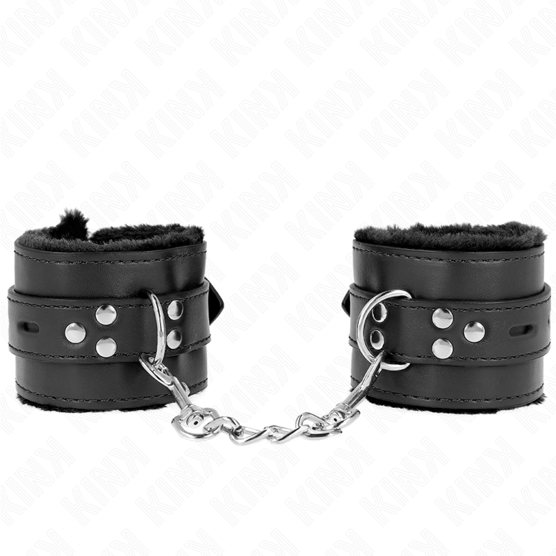 KINK - SUJETADORES DE MUÑECAS CON FORRO DE PIEL Y AGUJEROS CUADRADOS NEGROS Y CINTURÓN NEGRO AJUSTABLE 17-29 CM X 6 CM