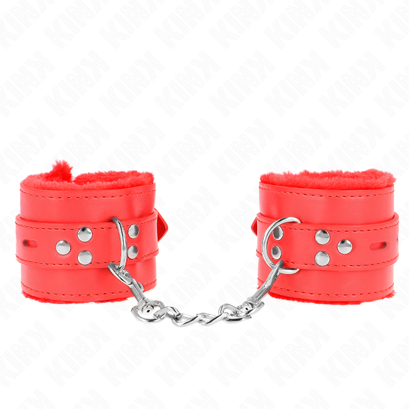 KINK - SUJETADORES DE MUÑECAS CON FORRO DE PIEL Y AGUJEROS CUADRADOS CINTURÓN ROJO Y ROJO AJUSTABLE 17-29 CM X 6 CM