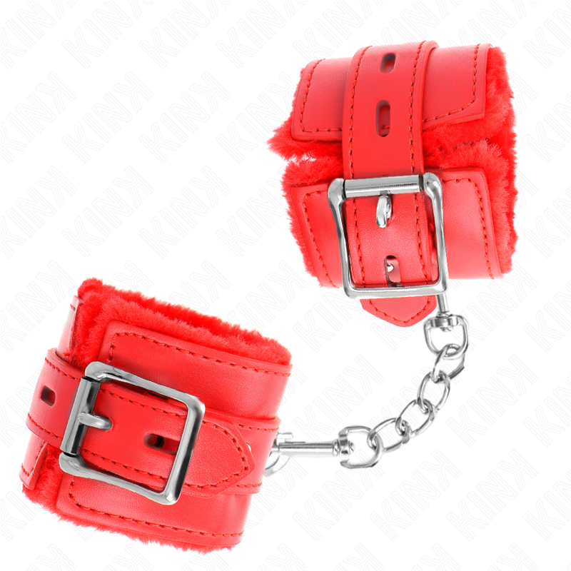 KINK - SUJETADORES DE MUÑECAS CON FORRO DE PIEL Y AGUJEROS CUADRADOS CINTURÓN ROJO Y ROJO AJUSTABLE 17-29 CM X 6 CM