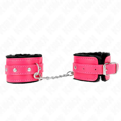 KINK - SUJETADORES DE MUÑECAS CON FORRO DE PIEL PREMIUM NEGRO CON CINTURÓN ROSA FRAMBUESA AJUSTABLE 17-29 CM X 6 CM