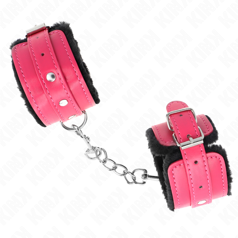 KINK - SUJETADORES DE MUÑECAS CON FORRO DE PIEL PREMIUM NEGRO CON CINTURÓN ROSA FRAMBUESA AJUSTABLE 17-29 CM X 6 CM