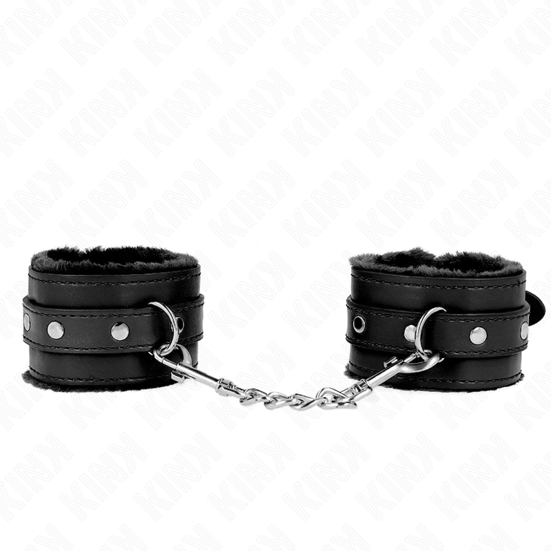 KINK - SUJETADORES DE MUÑECAS CON FORRO DE PIEL PREMIUM NEGRO CON CINTURÓN NEGRO AJUSTABLE 17-29 CM X 6 CM