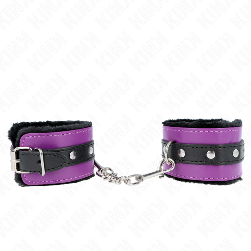 KINK - SUJETADORES DE MUÑECAS CON FORRO DE PIEL PREMIUM NEGRO CON CINTURÓN MORADO/NEGRO AJUSTABLE 17-29 CM X 6 CM