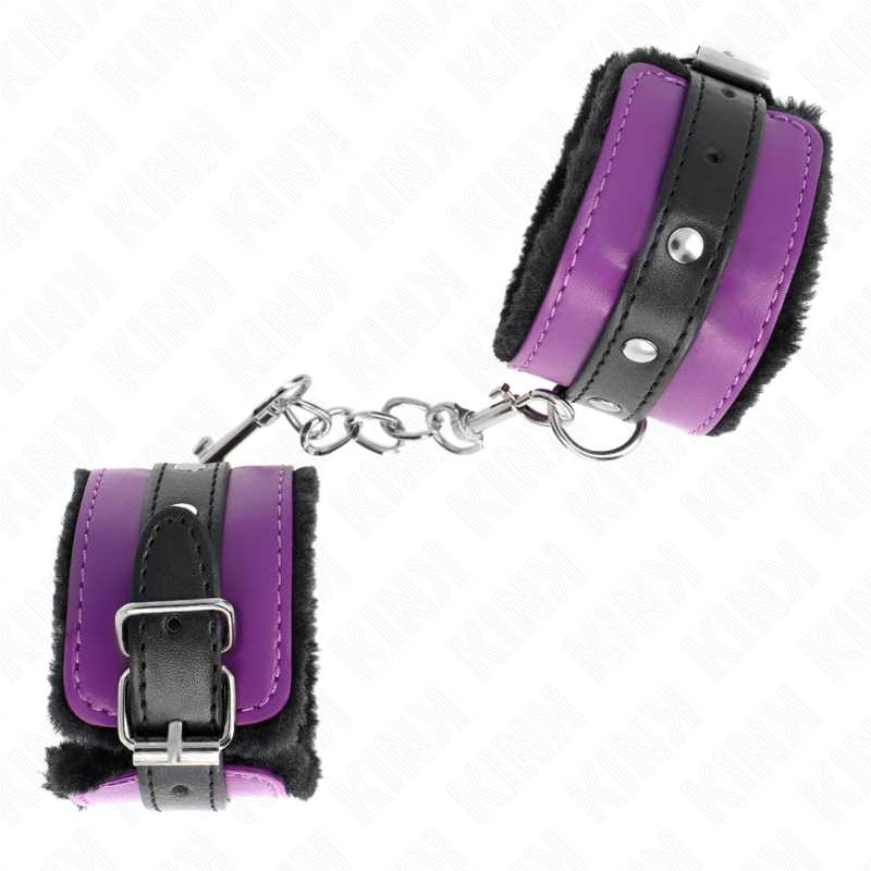 KINK - SUJETADORES DE MUÑECAS CON FORRO DE PIEL PREMIUM NEGRO CON CINTURÓN MORADO/NEGRO AJUSTABLE 17-29 CM X 6 CM