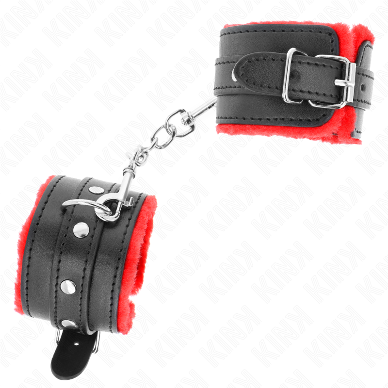 KINK - RESTRICCIONES PARA MUÑECAS CON FORRO DE PIEL DE PRIMERA CALIDAD, COLOR ROJO Y CINTURÓN NEGRO, AJUSTABLES, 17-29 CM X 6 CM