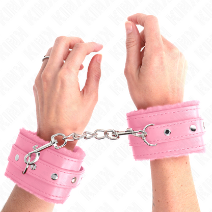 KINK - SUJETADORES DE MUÑECAS CON FORRO DE PIEL DE PRIMERA CALIDAD ROSA CON CINTURÓN ROSA AJUSTABLE 17-29 CM X 6 CM