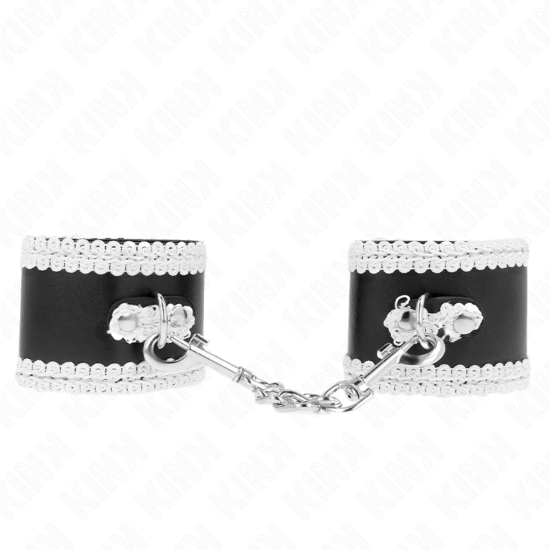 KINK - SUJETADORES DE MUÑECAS NEGROS CON ENCAJE DECORADO BLANCO AJUSTABLES 20-23 CM X 5,5 CM