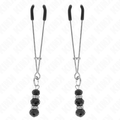 KINK - PINZAS PARA PEZONES FINAS DORADAS CON 3 PERLAS DE CRISTAL NEGRAS DE 7 CM