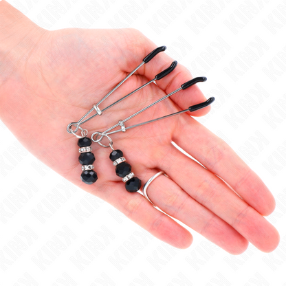 KINK - PINZAS PARA PEZONES FINAS DORADAS CON 3 PERLAS DE CRISTAL NEGRAS DE 7 CM