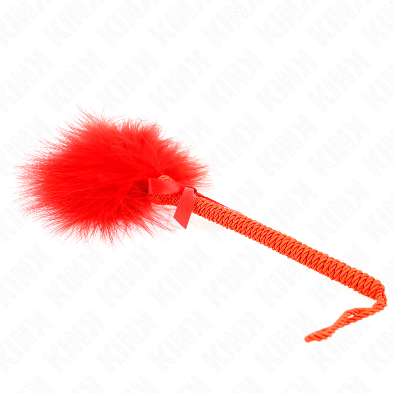 KINK - VARITA DE CUERDA DE NYLON CON PLUMAS PARA HACER COSQUILLAS Y LAZO ROJO 25 CM