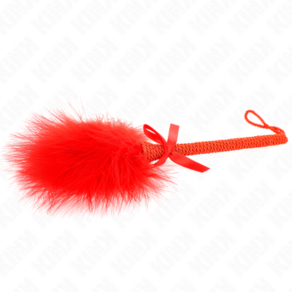 KINK - VARITA DE CUERDA DE NYLON CON PLUMAS PARA HACER COSQUILLAS Y LAZO ROJO 25 CM