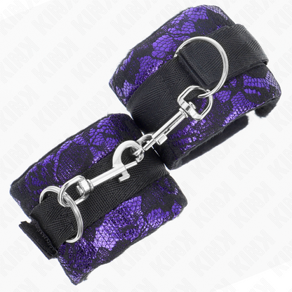 KINK - SUJETADORES DE MUÑECAS DE ENCAJE DE TERCIOPELO CORTO Y ATADURA DE NYLON MORADO/NEGRO 23 X 6,5 CM