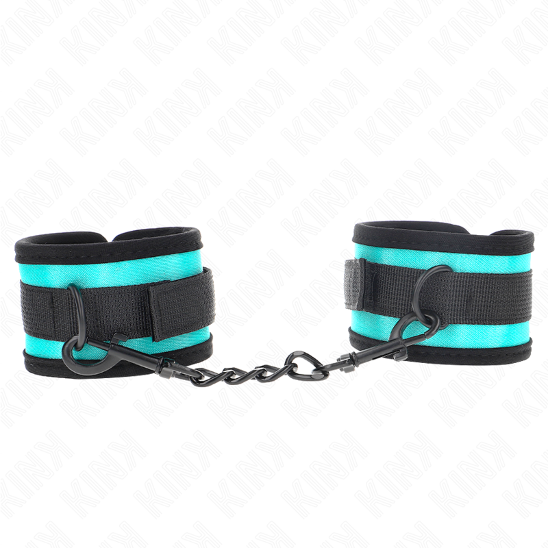 KINK - RESTRICCIONES DE MUÑECAS DE NYLON CON GANCHO Y BUCLE, NEGRAS Y AZULES, AJUSTABLES, 18-32 CM X 5 CM