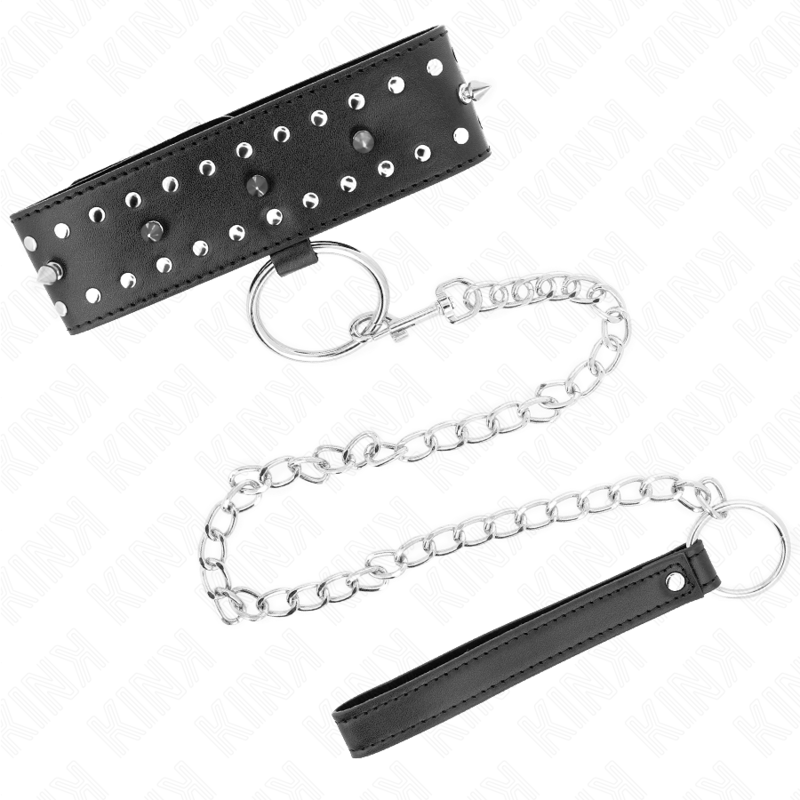 KINK - NECKLACE WITH LEASH 65 CM WITH SILVER STUDS MODEL 1 ADJUSTABLE 36-43 CM X 5 CM