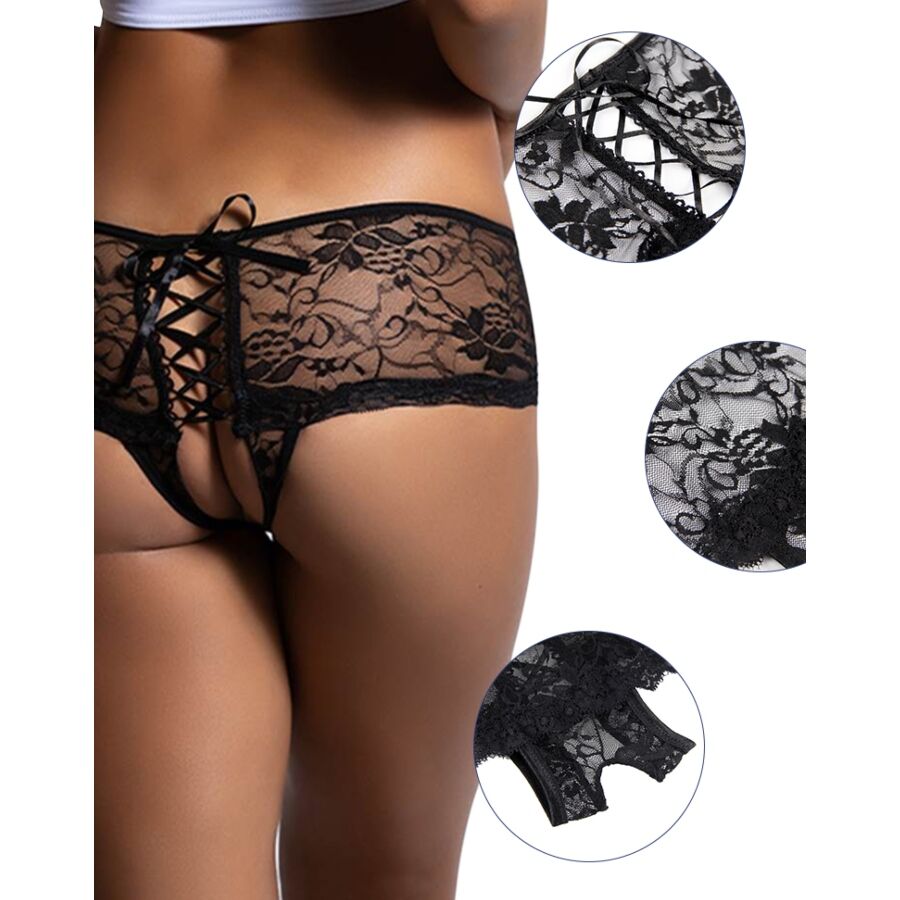 QUEEN LINGERIE - BRAGUITA DE ENCAJE FLORAL CON ABERTURA TRASERA S/M